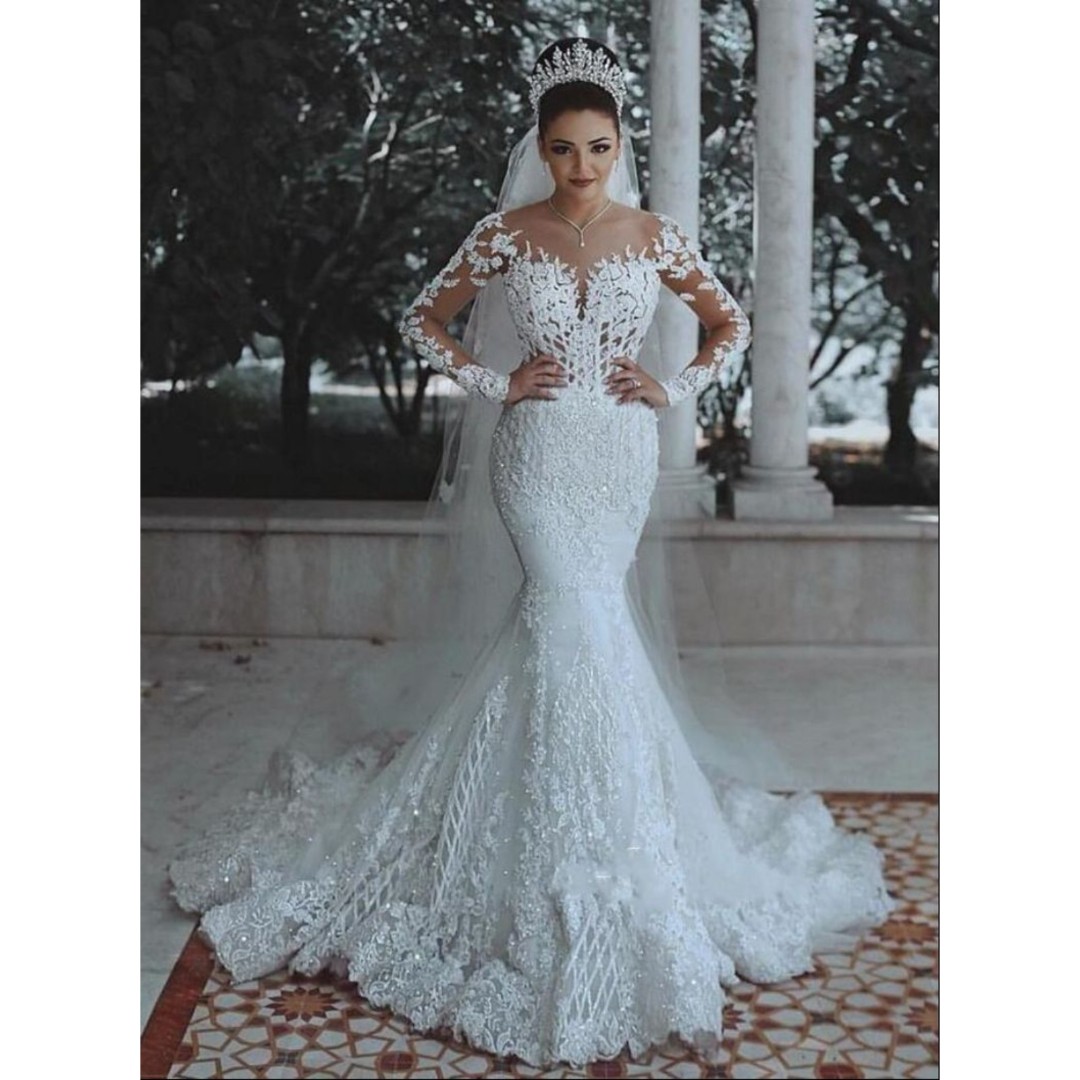 NWT US 8 Long Sleeves Mermaid Wedding Gowns Tulle Lace Appliques Beaded Dress