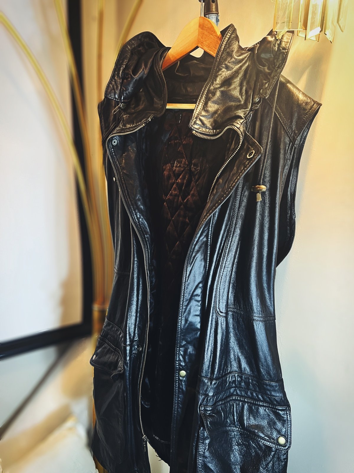 Custom Hooded Long Leather Vest from leathers collected along the west coast