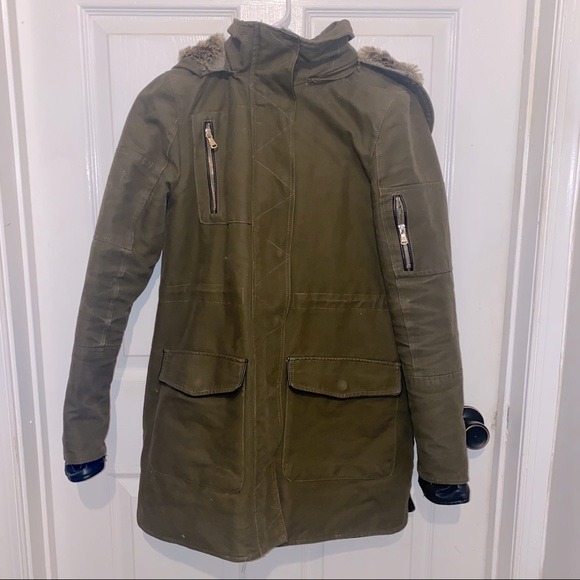 ZARA TRAFALUC Women’s Olive Green Faux Fur Hooded Coat Size XS
