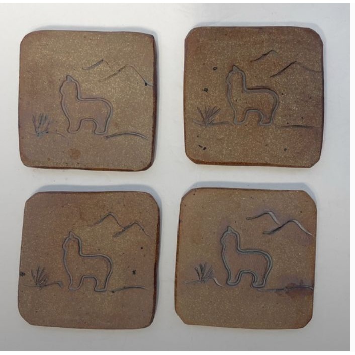 Handmade Sandstone Coasters With Llama & Mountain Design Set Of 4 Felt-Backed