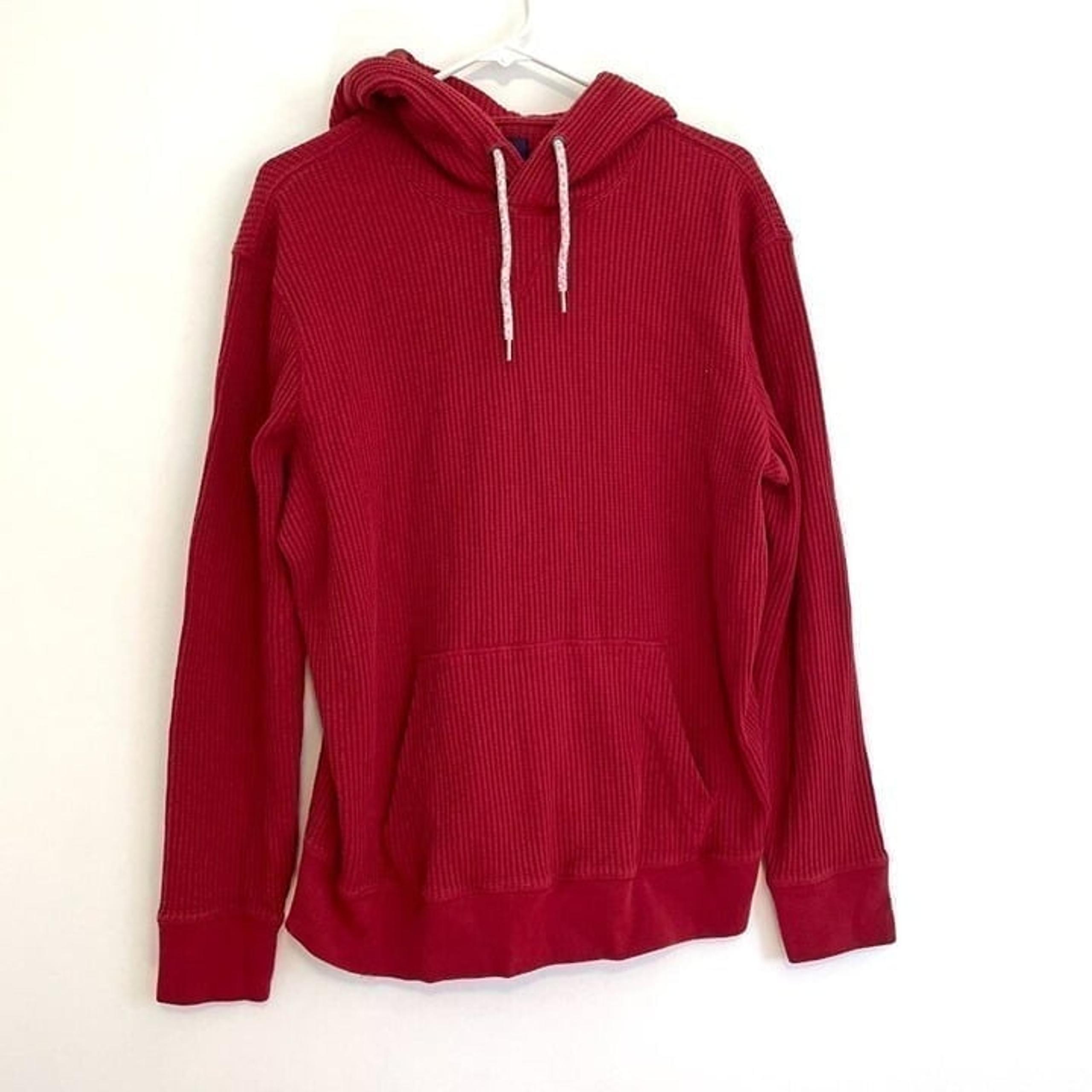 AMERICAN EAGLE Mens Solid Red Pullover Waffle Knit Thermal Hoodie Sweatshirt M