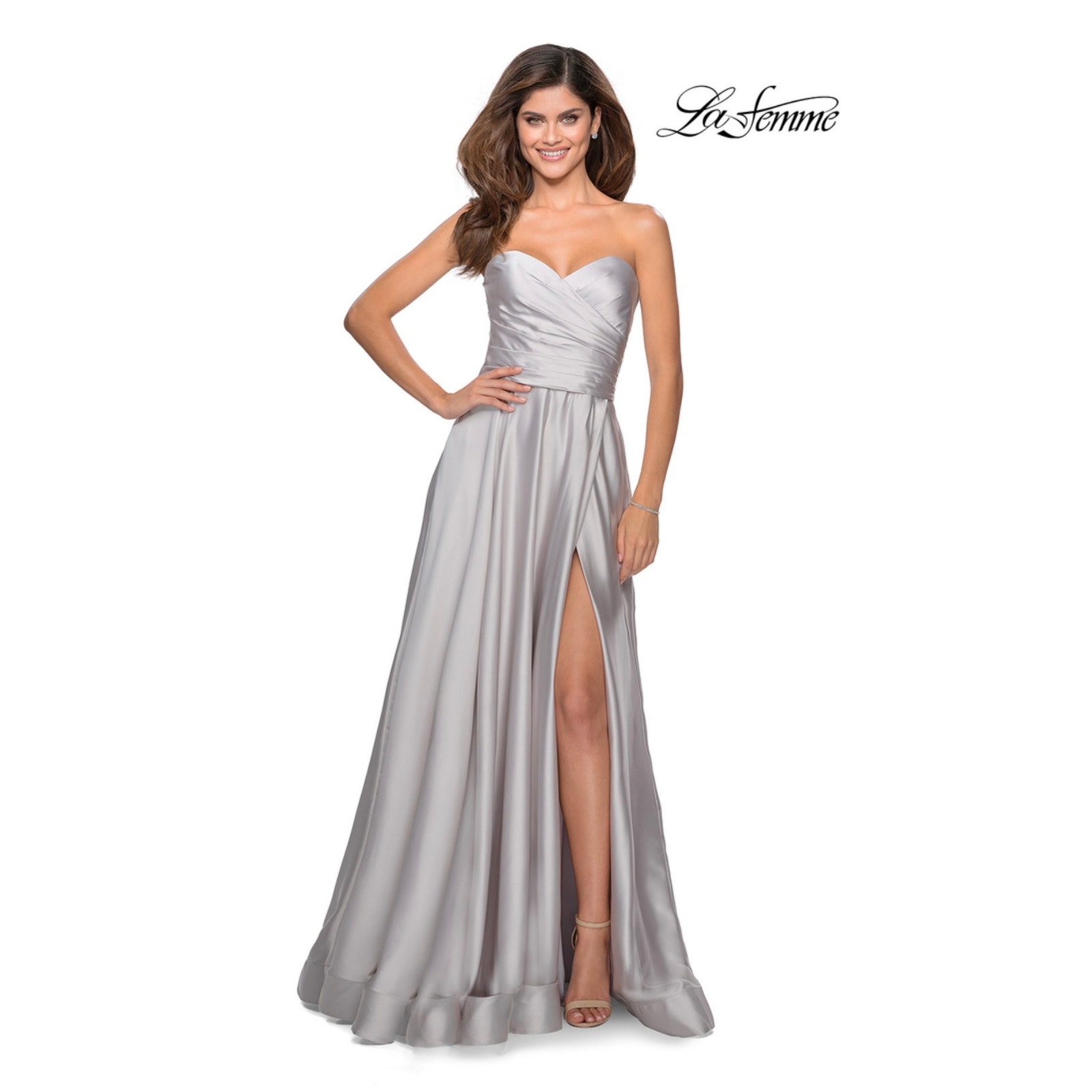 La Femme 28608 Strapless Slit Satin Ballgown Women's 0 Silver Maxi NWT