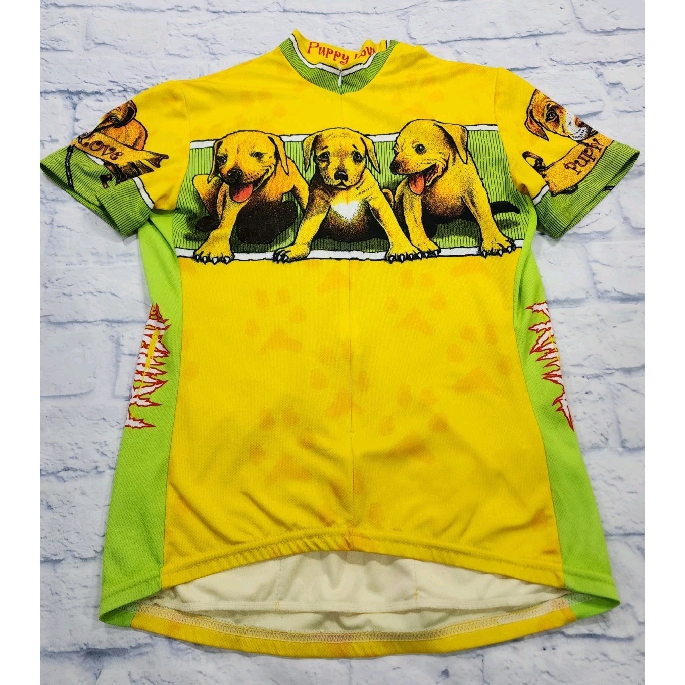 Primal Cycling Jersey WOMENS SIZE MEDIUM Yellow Puppy Love Tank Zip VINTAGE