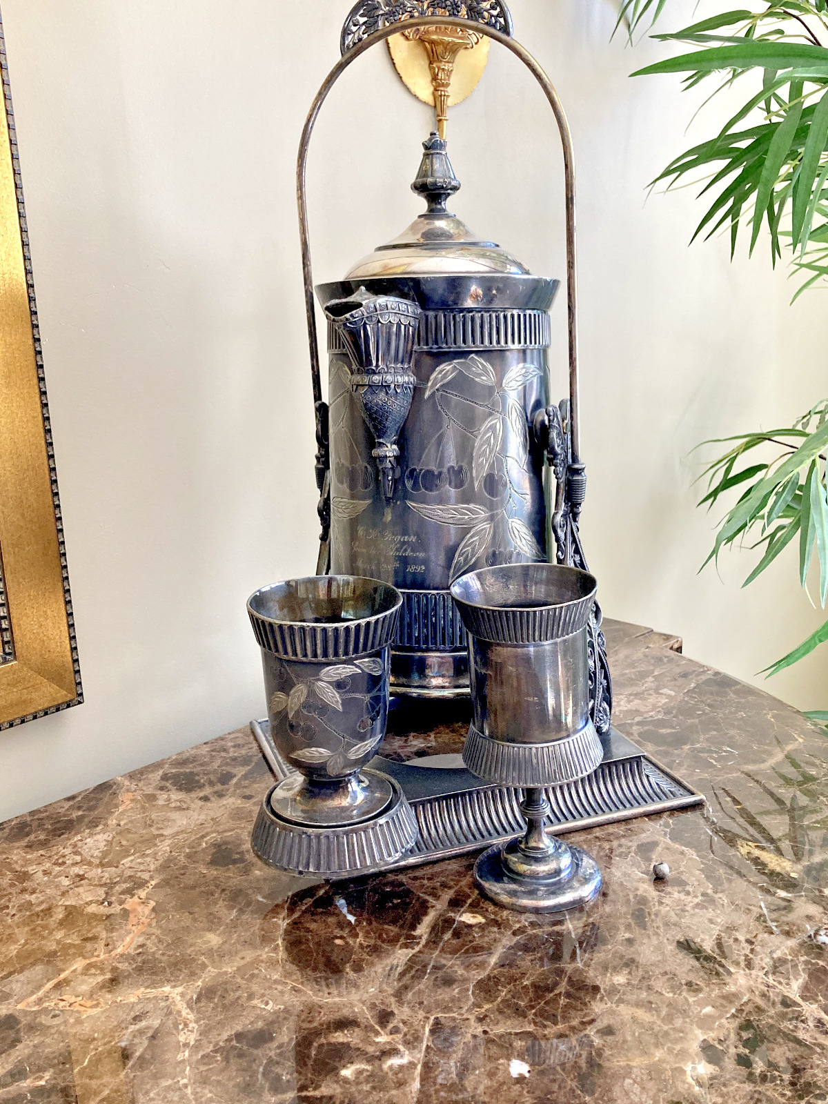 C1892 Silver Plate by Wm. Rogers Co. Tilting Water Pitcher w/ Goblet (2)