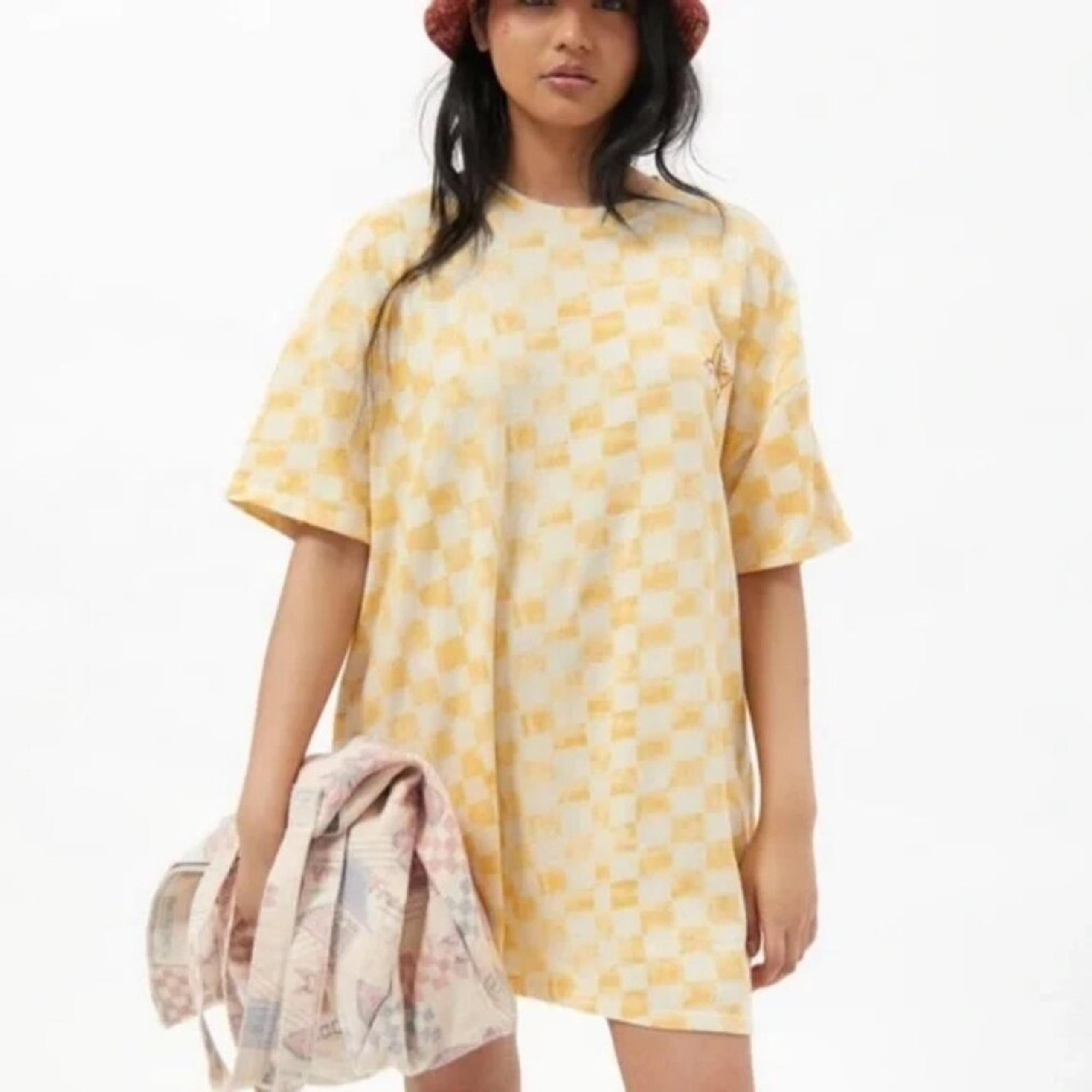 Urban Outfitters UO Yellow Checkerboard Butterfly T-Shirt Dress size large