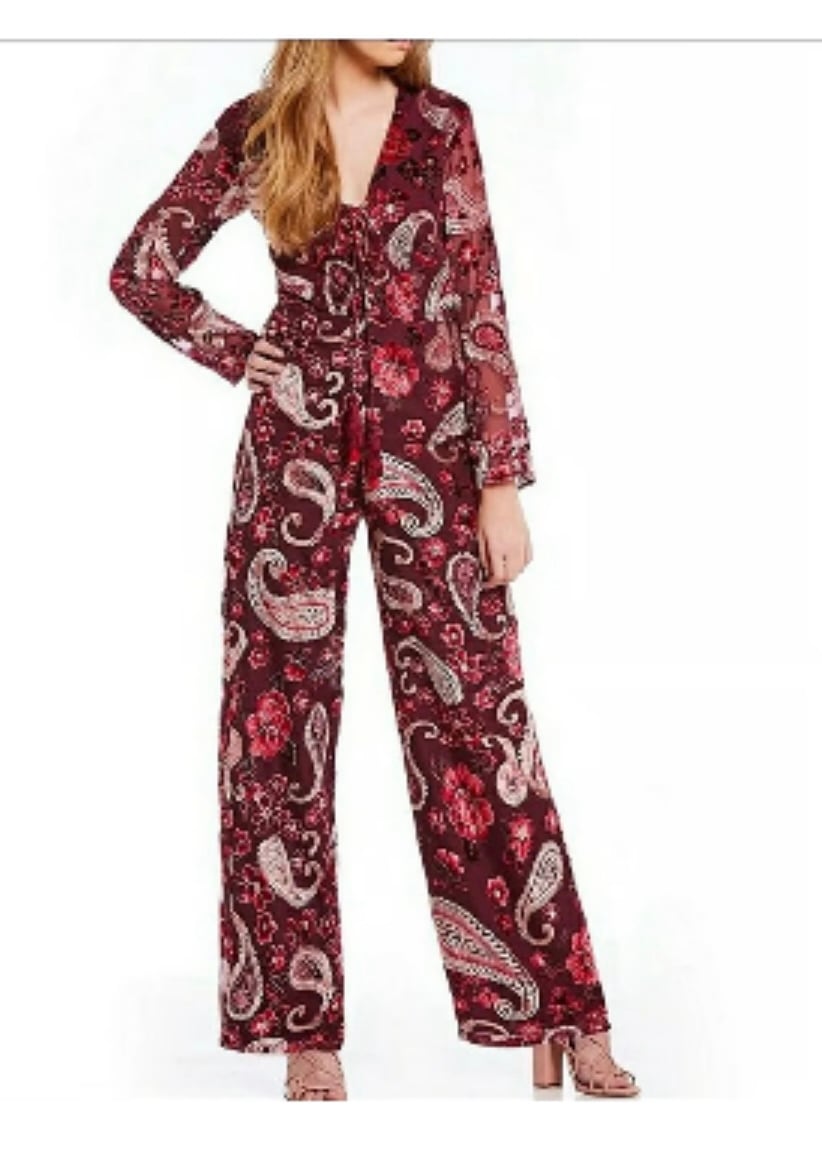 CHELSEA Y VIOLET BURGUNDY PAISLEY JUMPSUIT VELVET FLORAL SIZE S