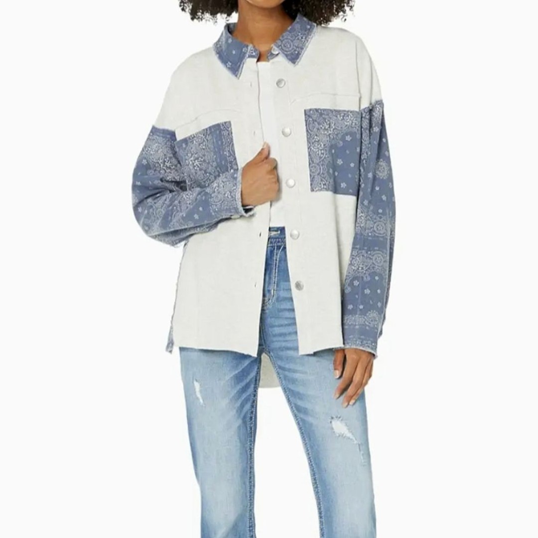 Miss Me Cotton Bohemian Bandana Long Sleeve Button Front Distressed Shacket