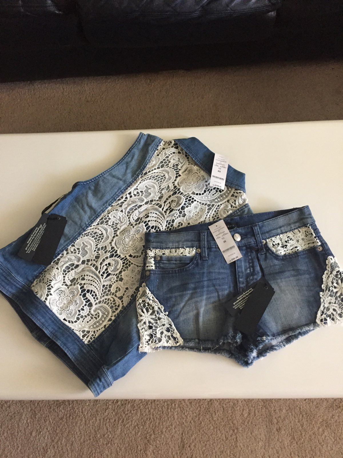 bebe DENIM LACE BACK SUITS SET