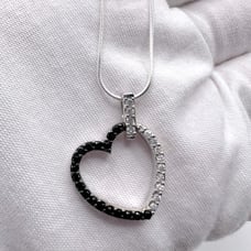 .925 Sterling Silver Black & White CZ Heart Necklace