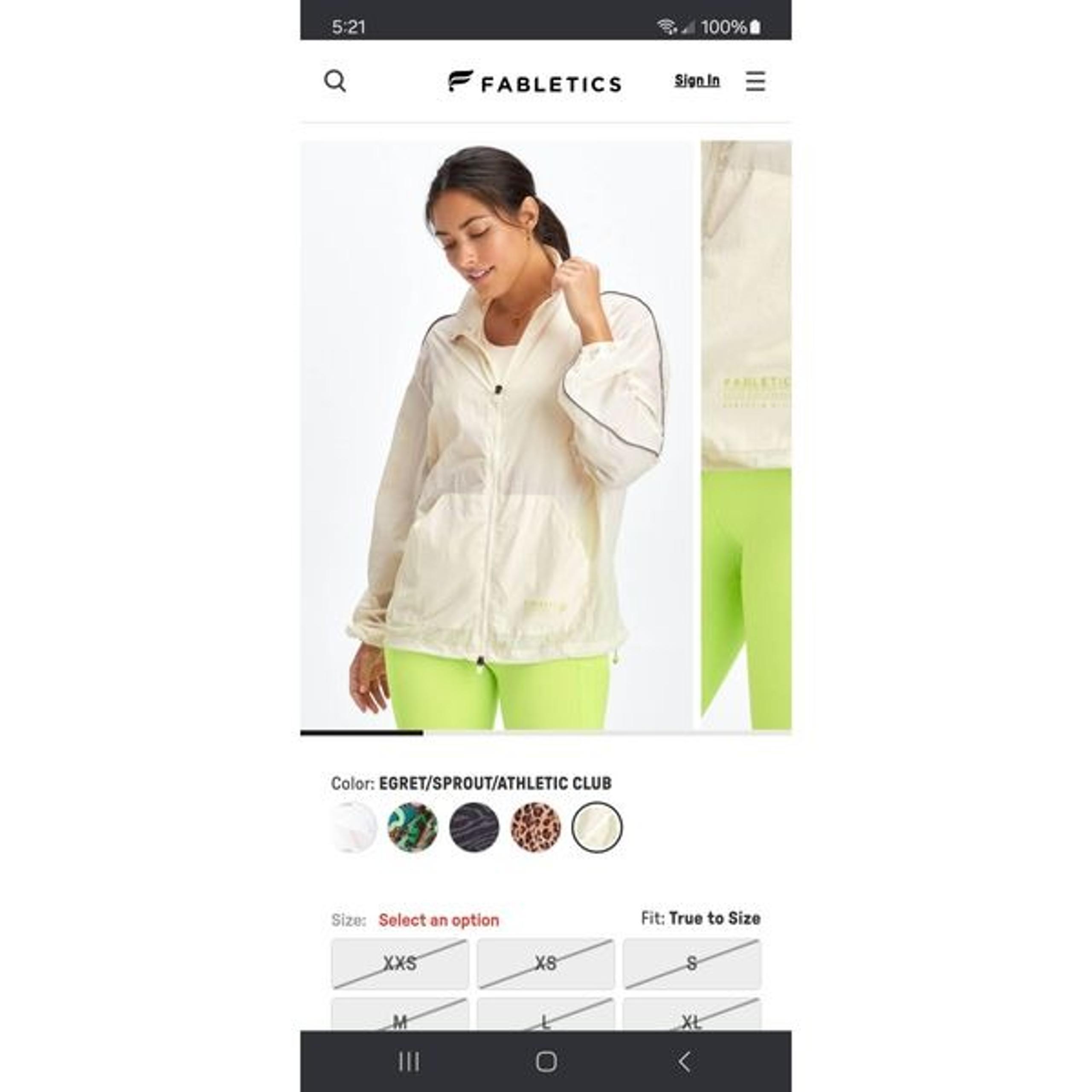 New Large Fabletics Egret Sprout Oversized Flyweight Windbreaker Jacket