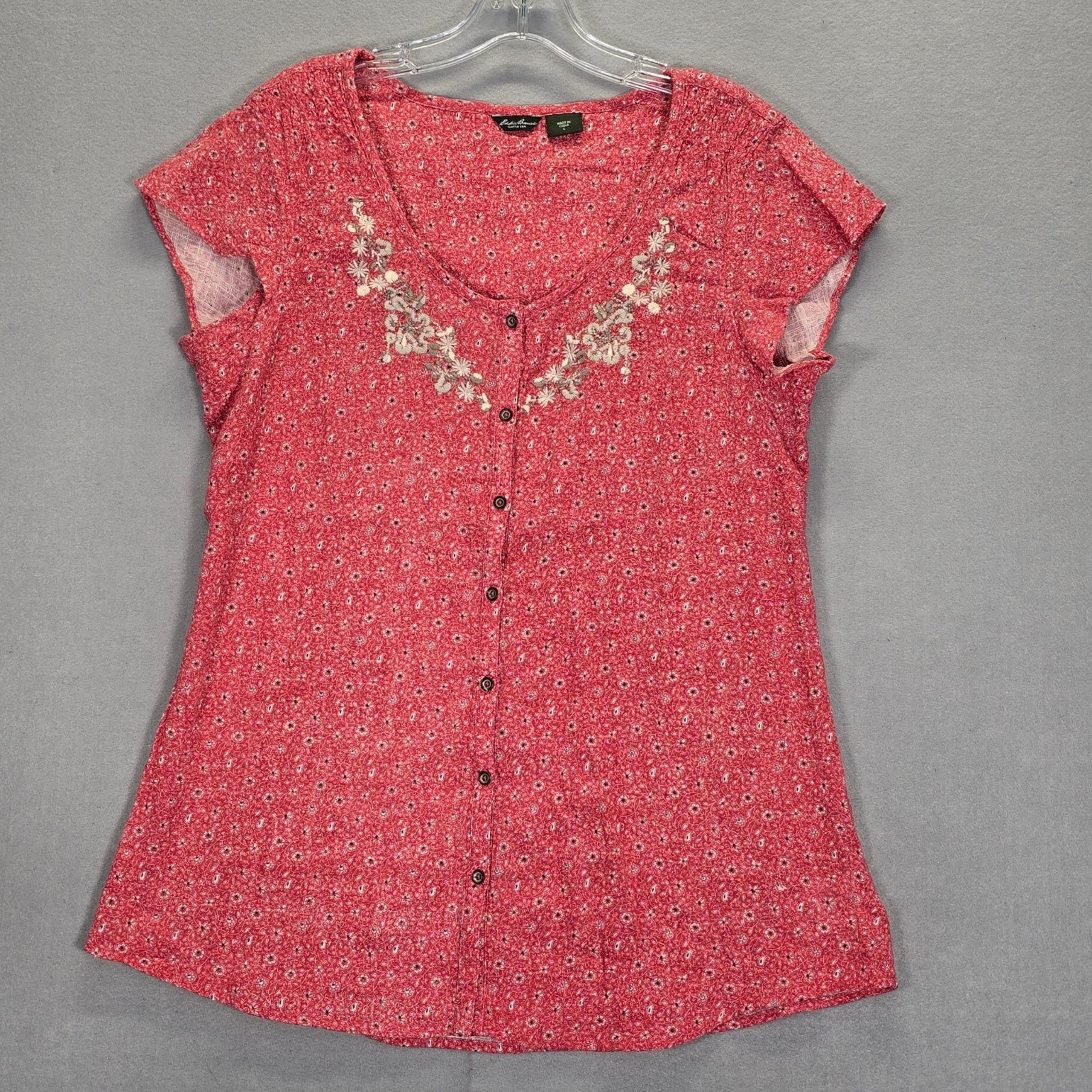 Eddie Bauer Women's Size L Red Floral Embroidered Blouse