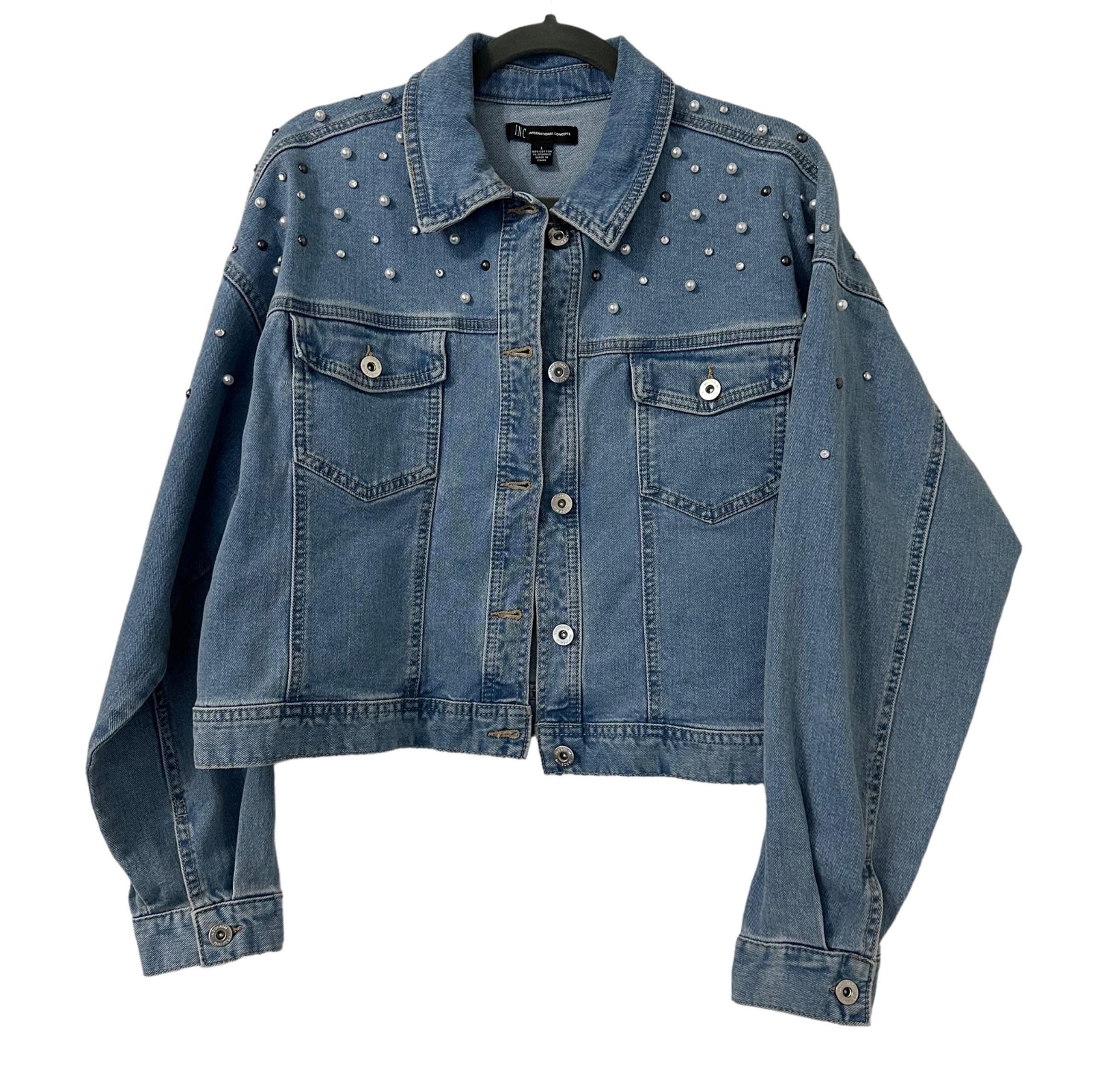 Inc International Concepts Women's Luxe Embellished Trucker Jean Jacket Size L