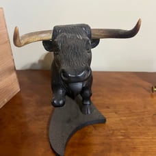Hand-Carved Wooden Bull Sculpture by Jose Pinal