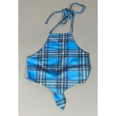 Blue Plaid Halter Bandana Tank Crop Top Shirt Tee Size M