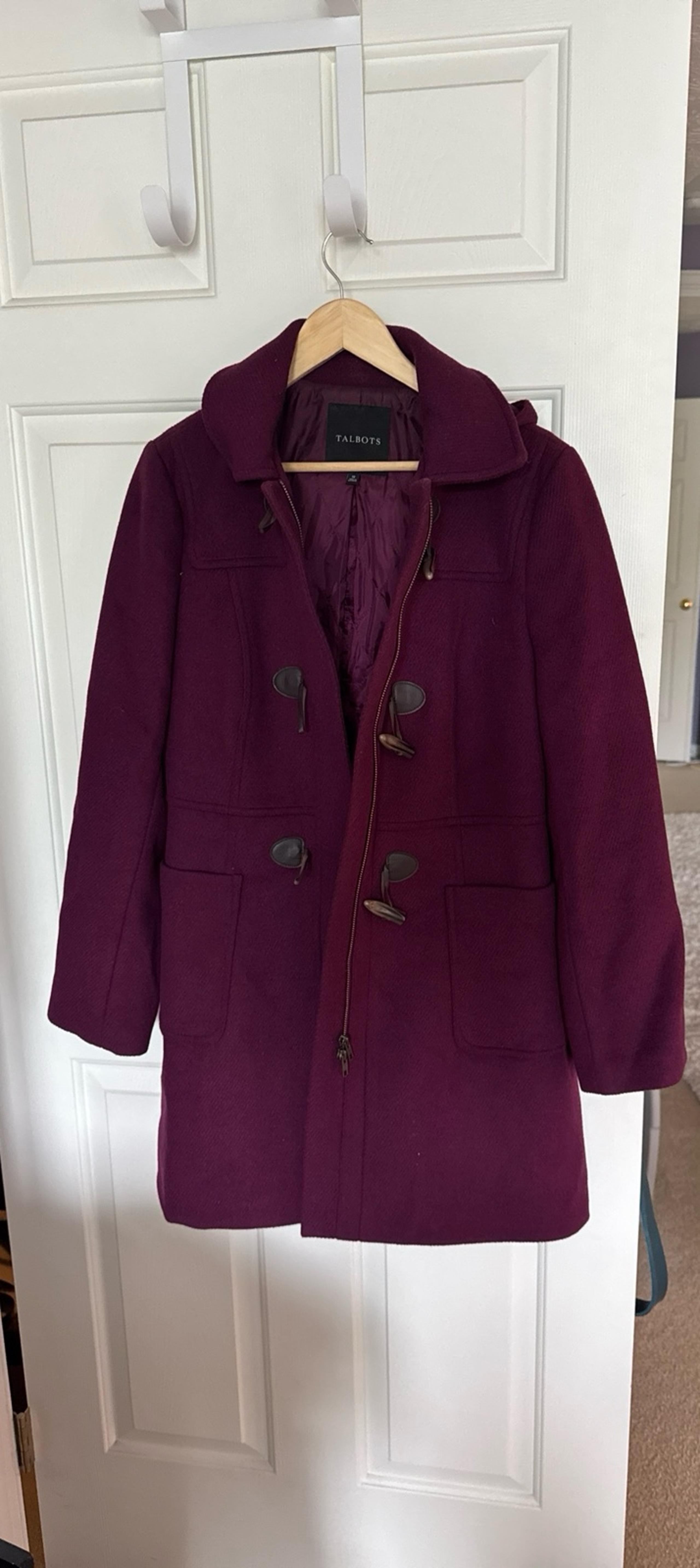 Talbots Petite Purple Hooded Toggle Wool Blend Pea Coat Womens Size 12P Preowned