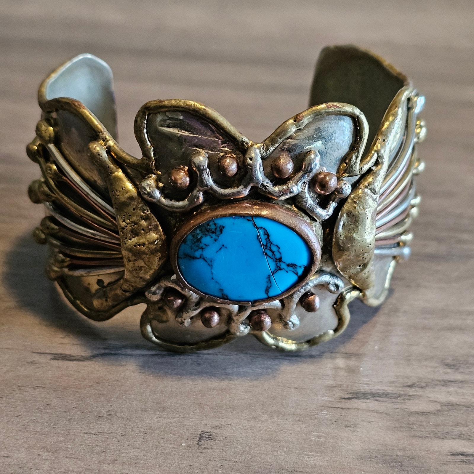 Vintage Mexican Brutalist Mixed Metal Cuff Bracelet with Turquoise Cabochon