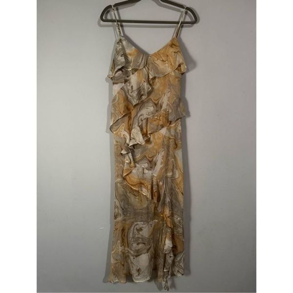 Blu Pepper Abstract Marbled Neutrals Chiffon Ruffle Slip Dress L