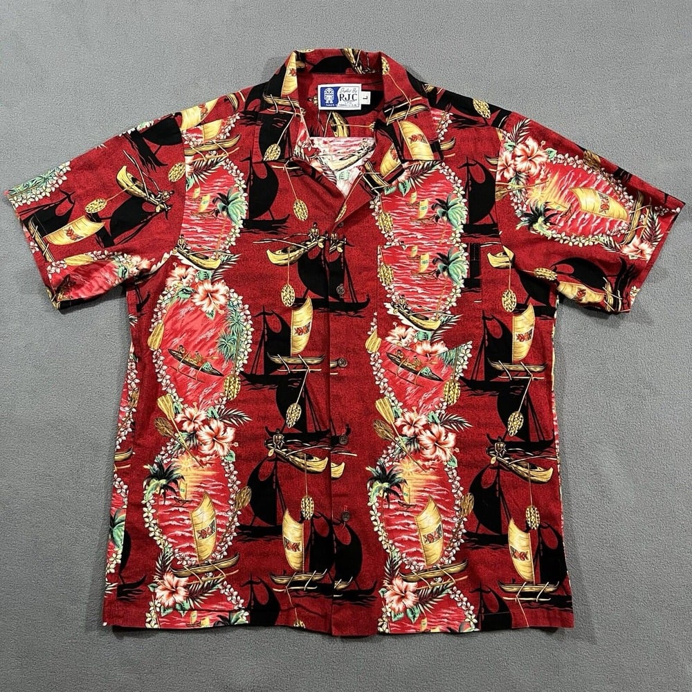 Vintage RJC Hawaiian Shirt Mens L Red Floral Canoe Paddlers Boats Made In USA