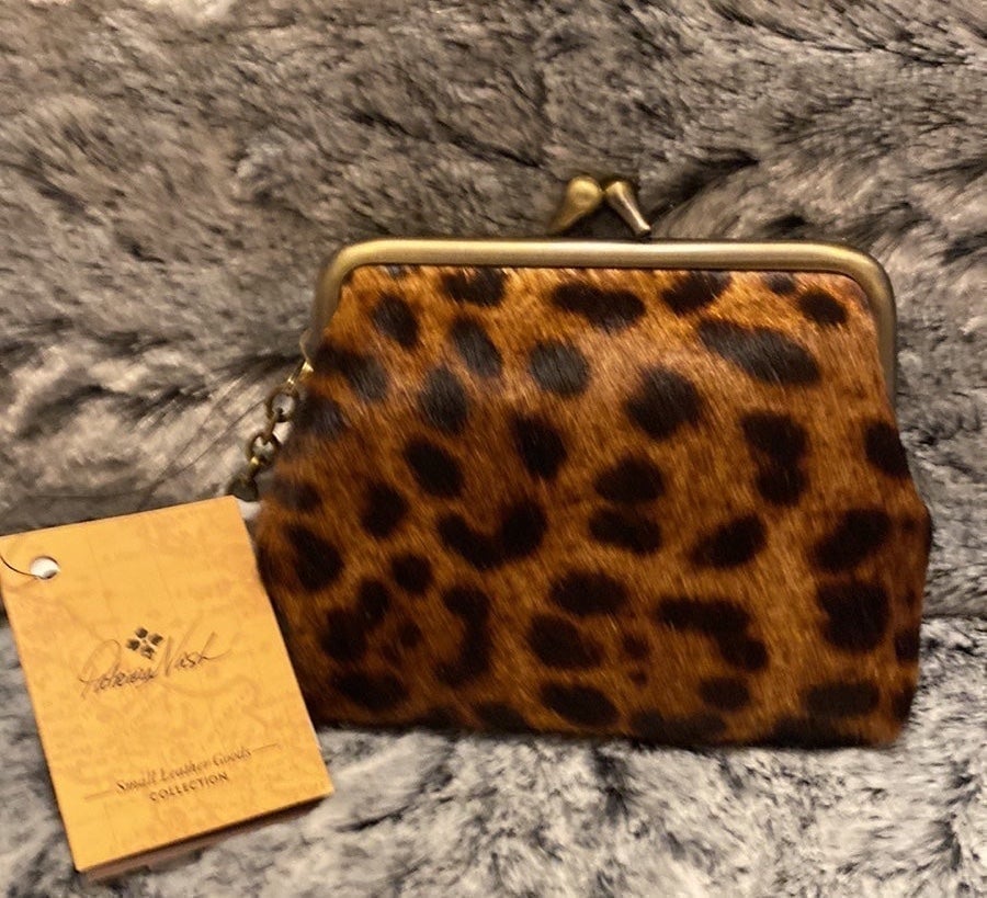 Patricia Nash Leather Leopard Animal print CowHide Fur Kisslock Frame Wallet♥️