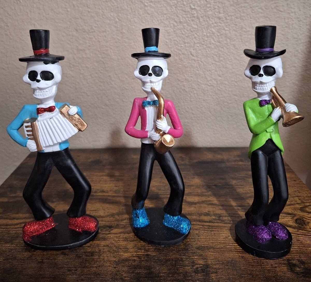 Cool Colorful Set Of 3 Day of the Dead/Dia De Los Muertos Musician Figurines