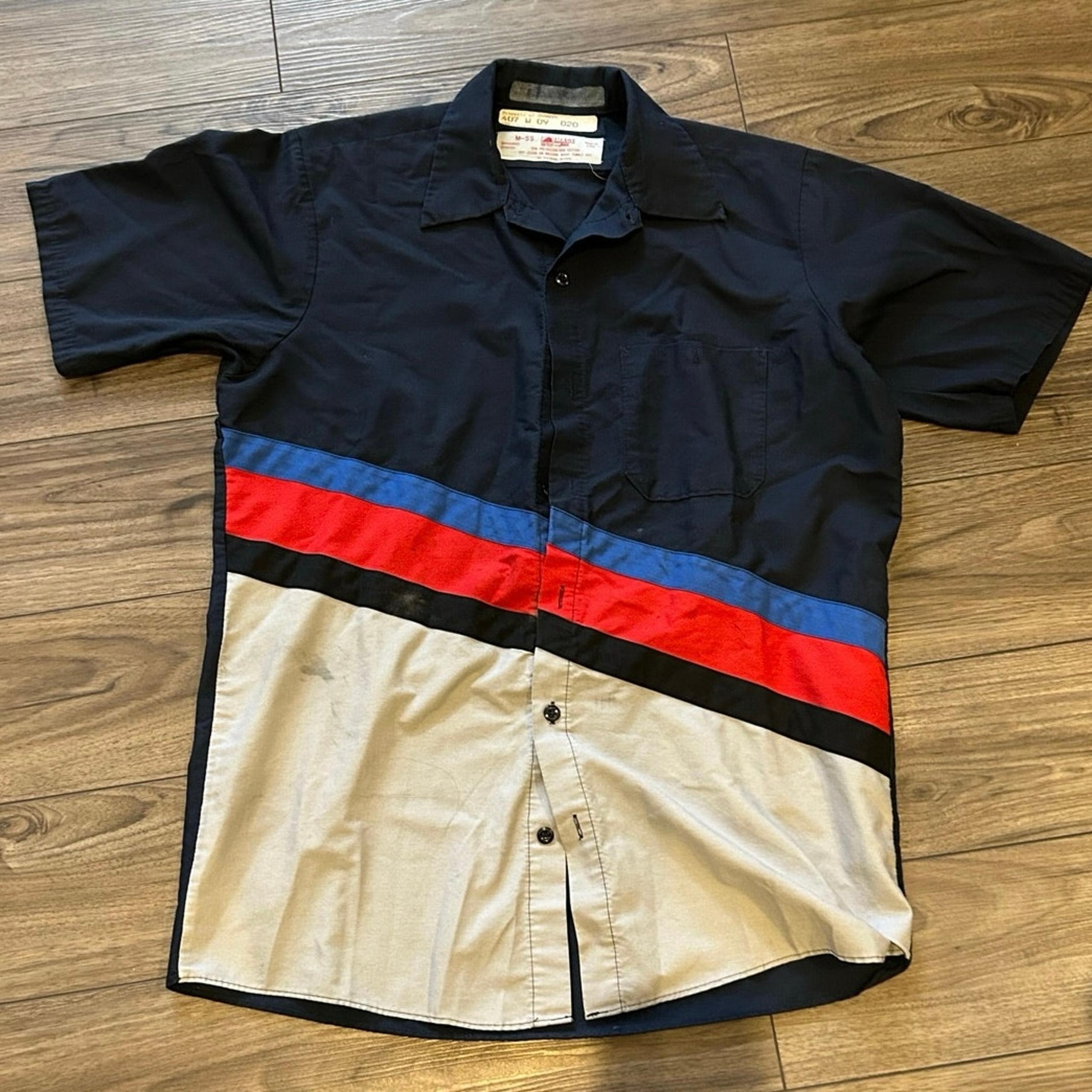 Vintage Red Kap Aramark Colorblock Work Shirt Navy Tan M Made in USA