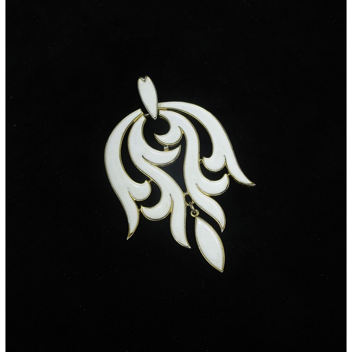 Vintage Crown Trifari Art Nouveau White Enamel & Gold Tone Statement Pendant