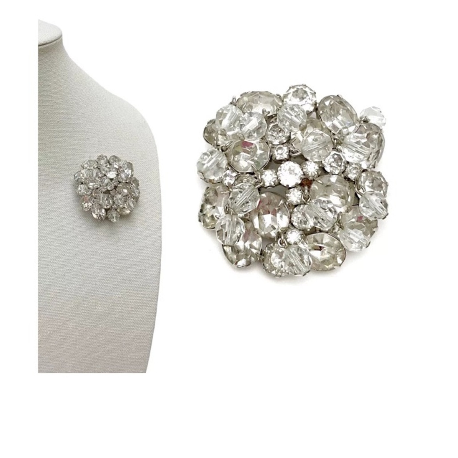 Vintage KRAMER Signed Clear Rhinestone Crystal Dangle Bead Cluster Brooch