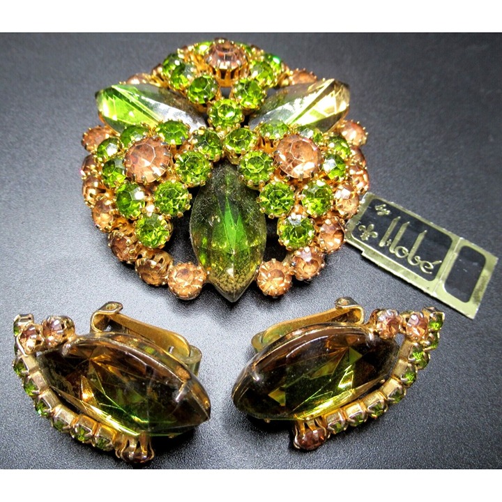 HOBE Amazing Givre HUGE Inverted Rhinestone Vintage Brooch Earring Set W/ Tag