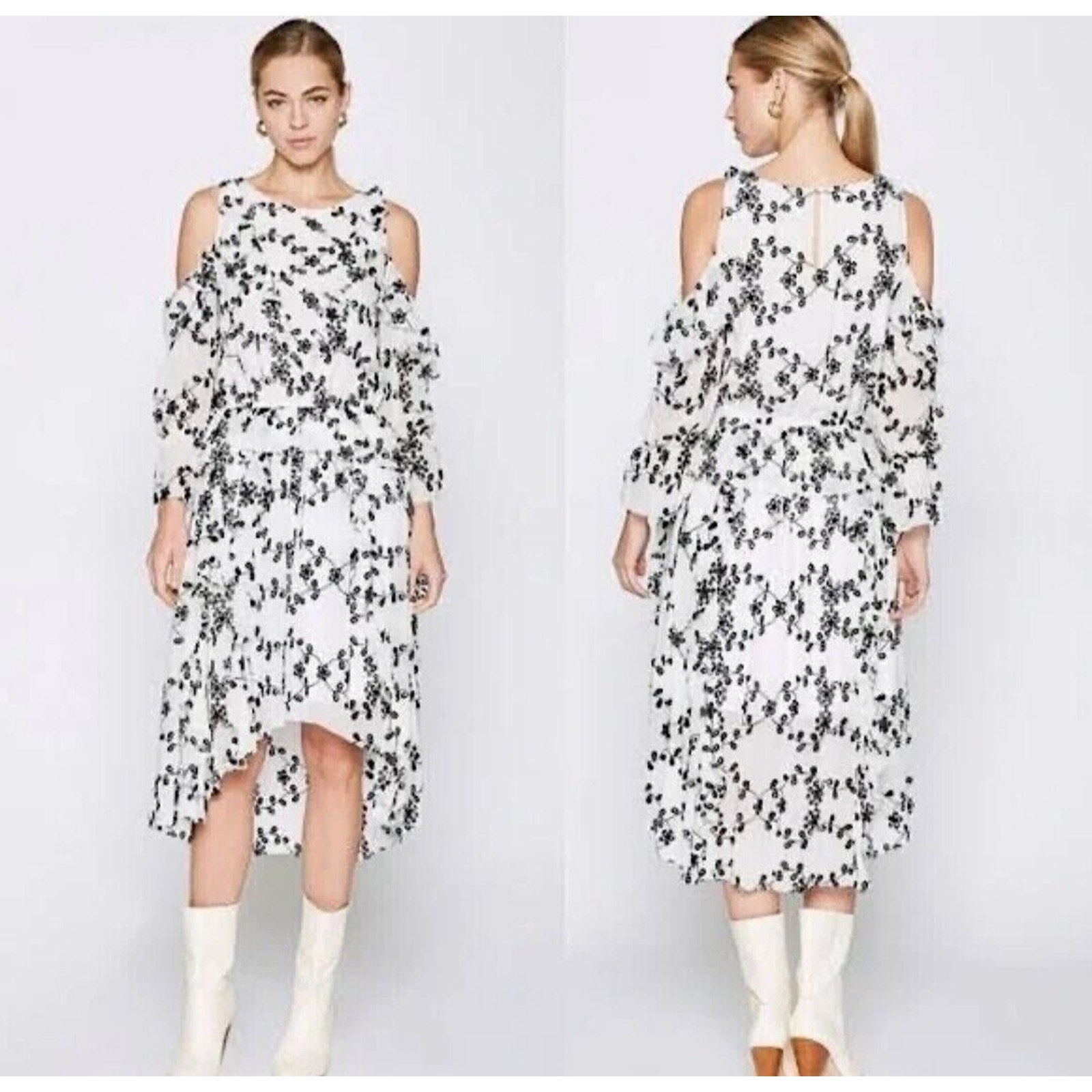 Joie Silk Dress Womens Medium Alpheus Floral Embroidered Ruffled White Black