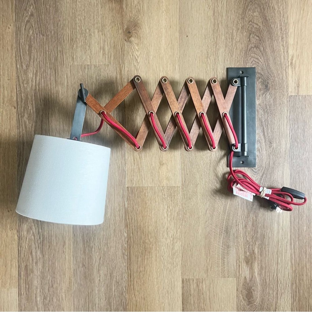 West Elm Accordion Wall Sconce in Wood w Interwoven Red Rope Metal Plate Lamp