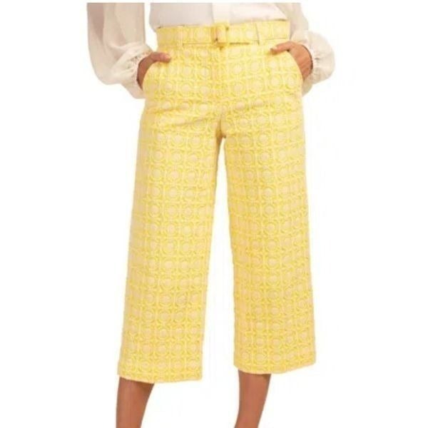 Trina Turk NWT Cropped Wide Leg Nicholson Pants Size 6 Yellow Embroidered Belted