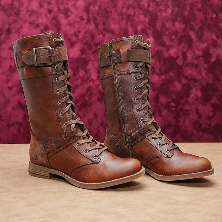 Timberland Women Savin Brown Leather Lace-up Zip Combat Boots sz 6.5US