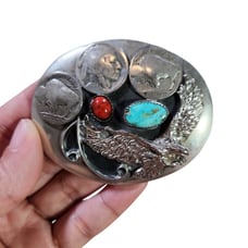 Southwest Silver Plate Turquoise Red Coral Buckle Buffalo Nickels 3” x 2 1/2”