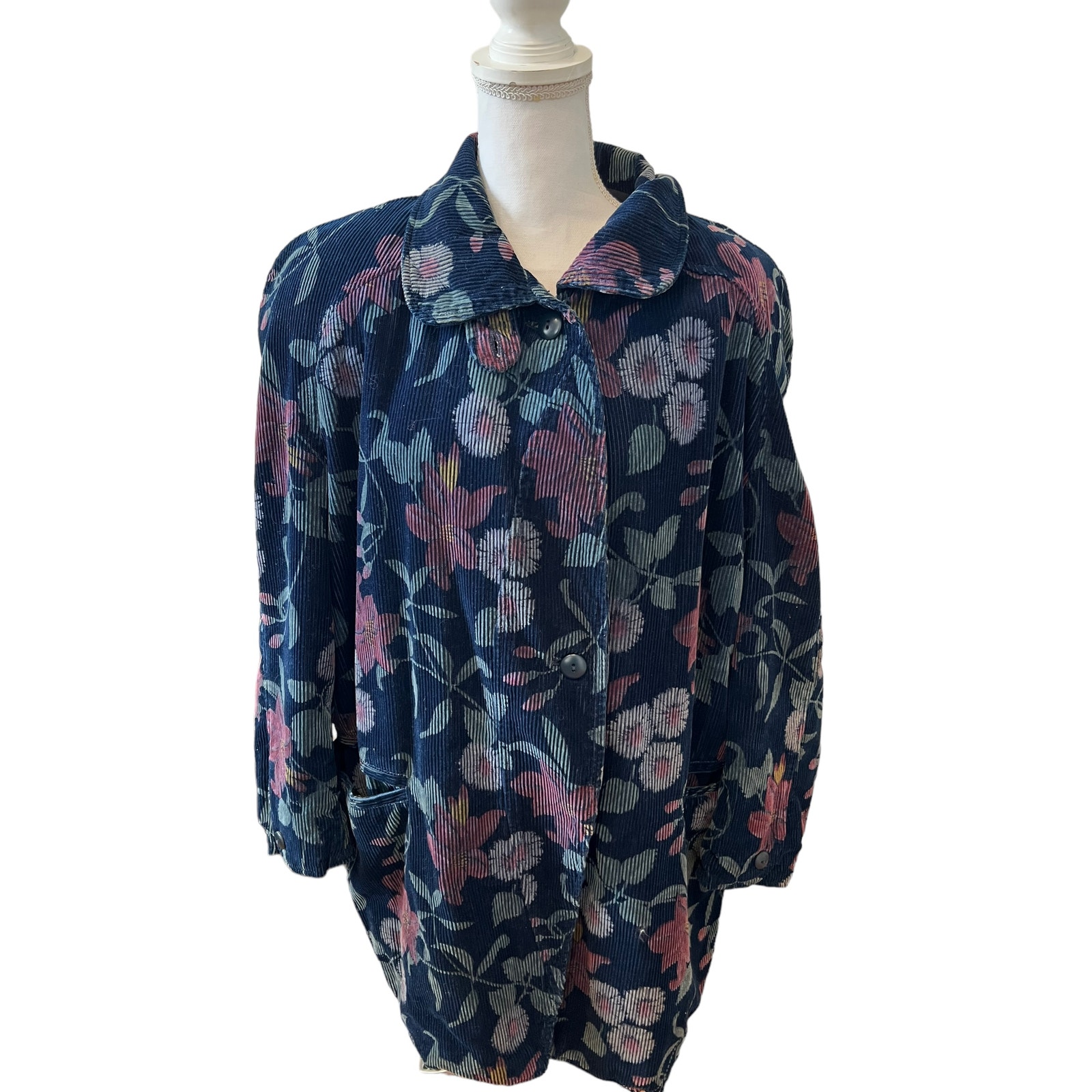 Vintage 80s Swinger Blue Floral Corduroy Jacket and Pants Set