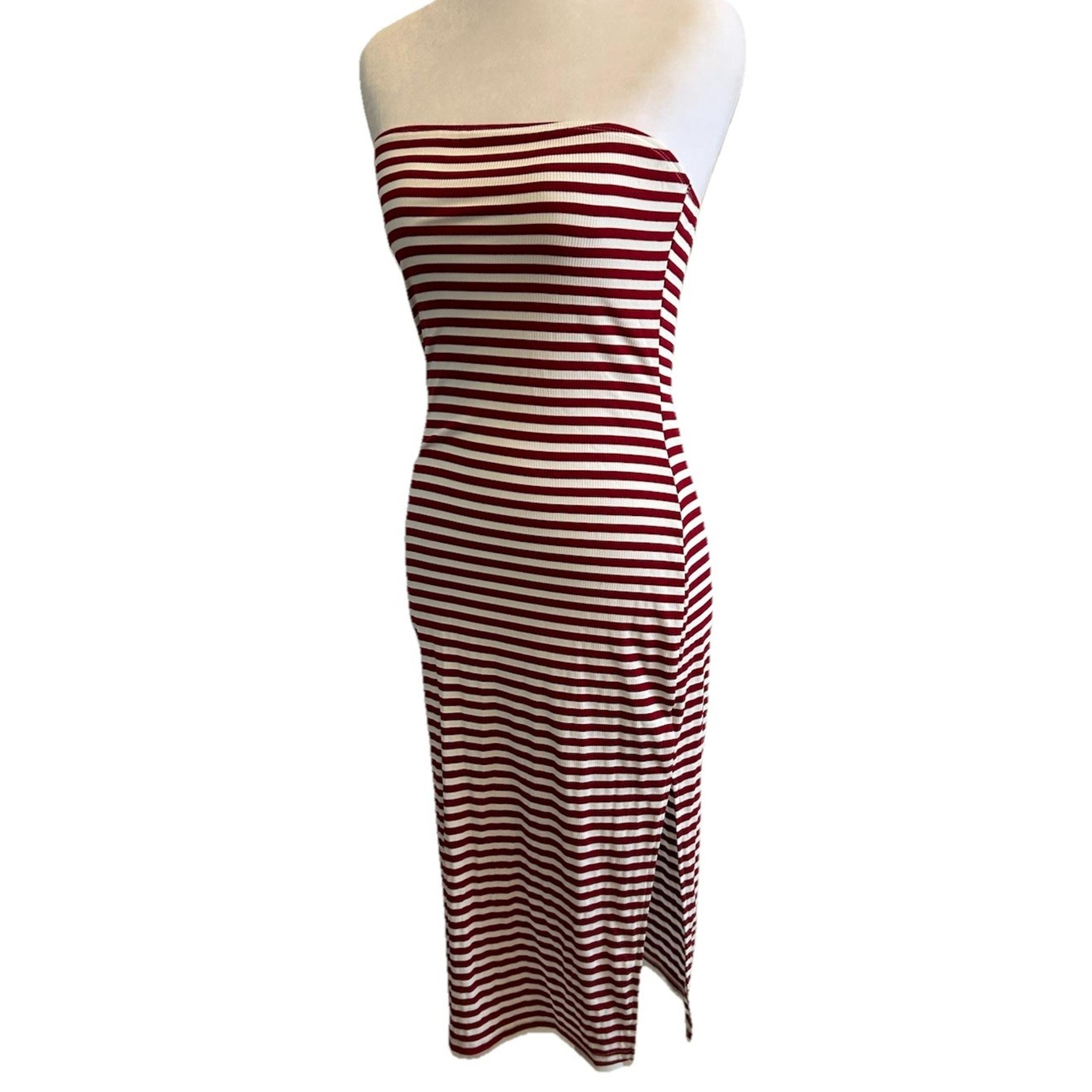 Strapless Striped Dress Midi Red Sexy Vibrant Festival Nautical Preppy Classic M
