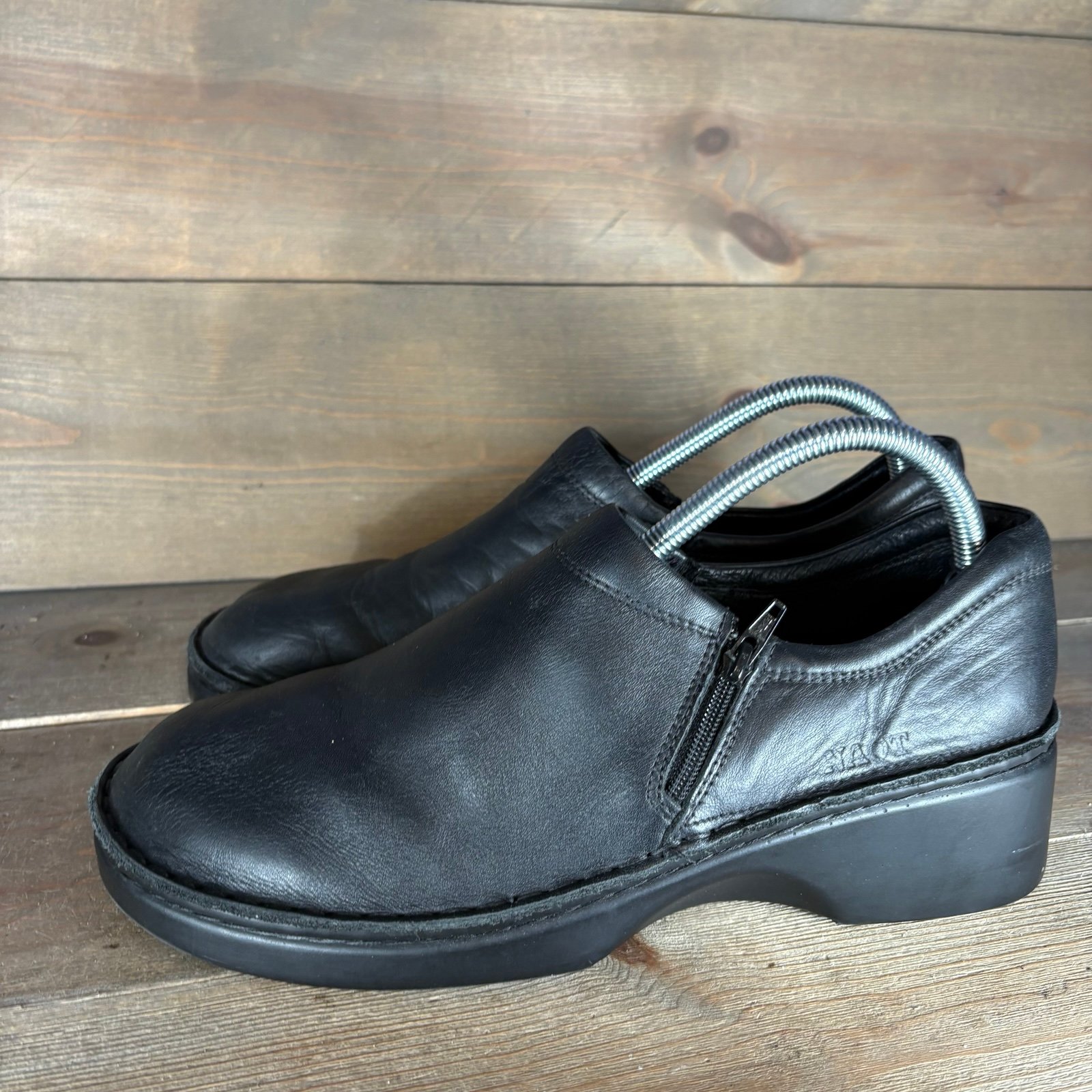 naot arianna womens size 42 shoes black leather zip up slip on wedge clogs  Pre