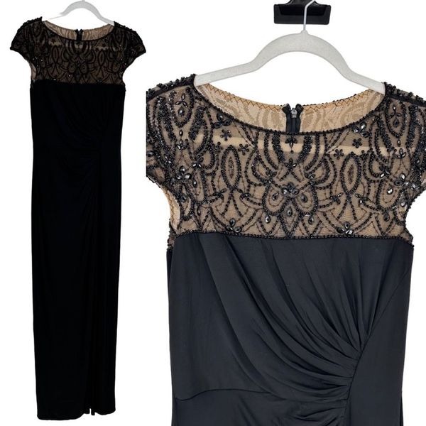 Tadashi Shoji Beaded Gown Black Stretchy Rushed On Side Maxi Long Formal Party