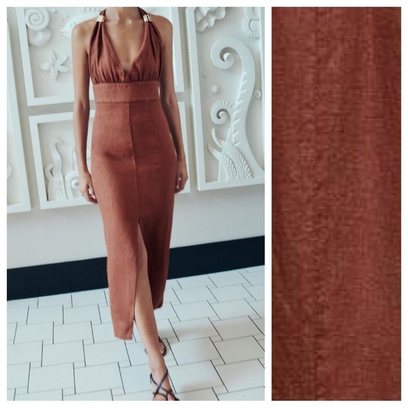 NWT. Zara Terracotta 100% Linen V-neckline Midi Dress. Size M.