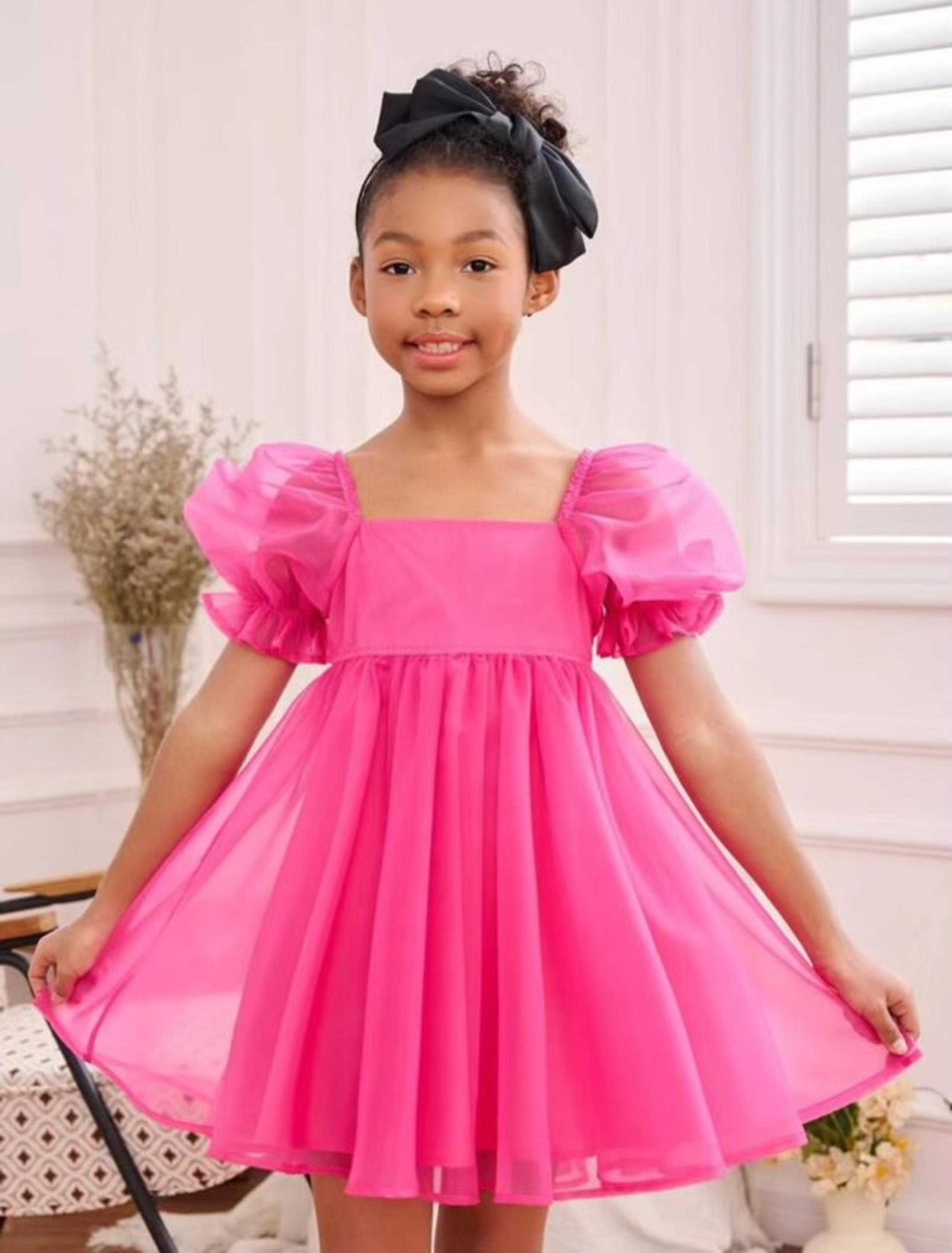 SHEIN Tween Girl Solid Puff Sleeve Dress