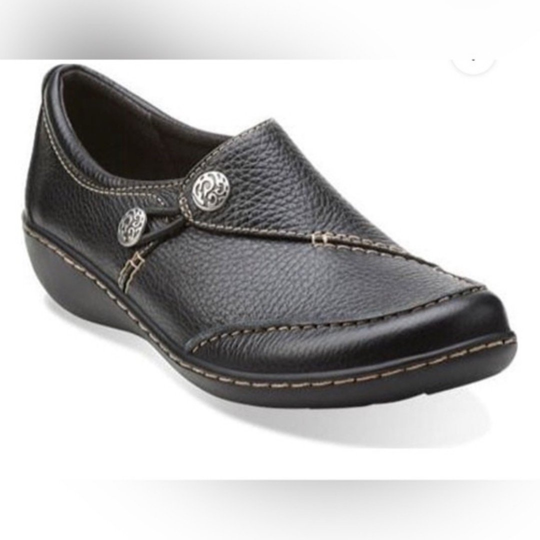 Clarks Shoes Ashland Lane Q Womens 7 Black Pebbled Leather Slip On Loafer