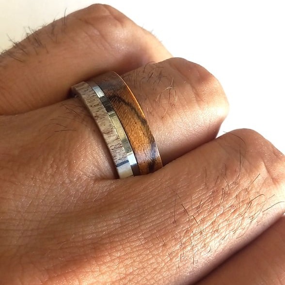 Men's Tungsten wedding band wood and deer antler inlay 8mm comfort fit