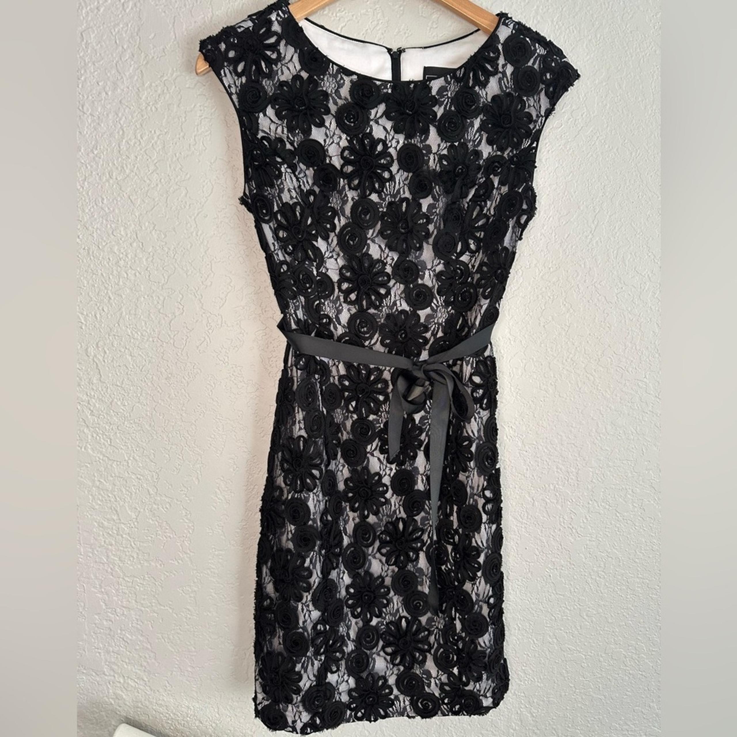 Alex Evenings Black Embellished Goth Cocktail Dress Wedding Ribbon Lace 3D Rose
