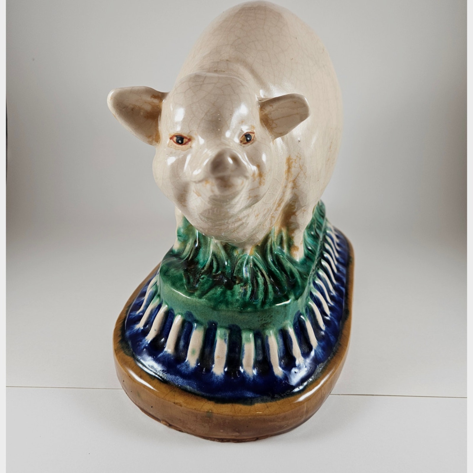 Vintage Large Ceramic Pig Statue on Pedestal