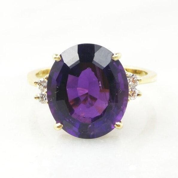 6.85Ct Natural Oval Purple Amethyst & Diamond Halo Solitaire Ring 14k Yellow
