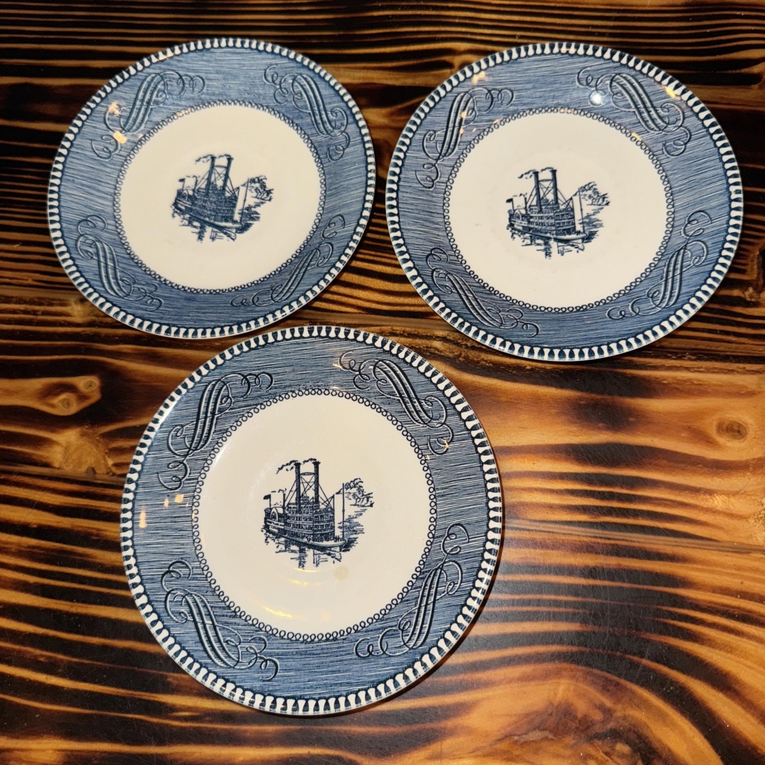 Currier And Ives Vintage Dishes Blue White Dessert Saucers Steamboat Set Of 3