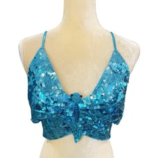 Vintage Aqua Blue Sequin Butterfly Halter Top One Size Y2K Festival Fairy Core