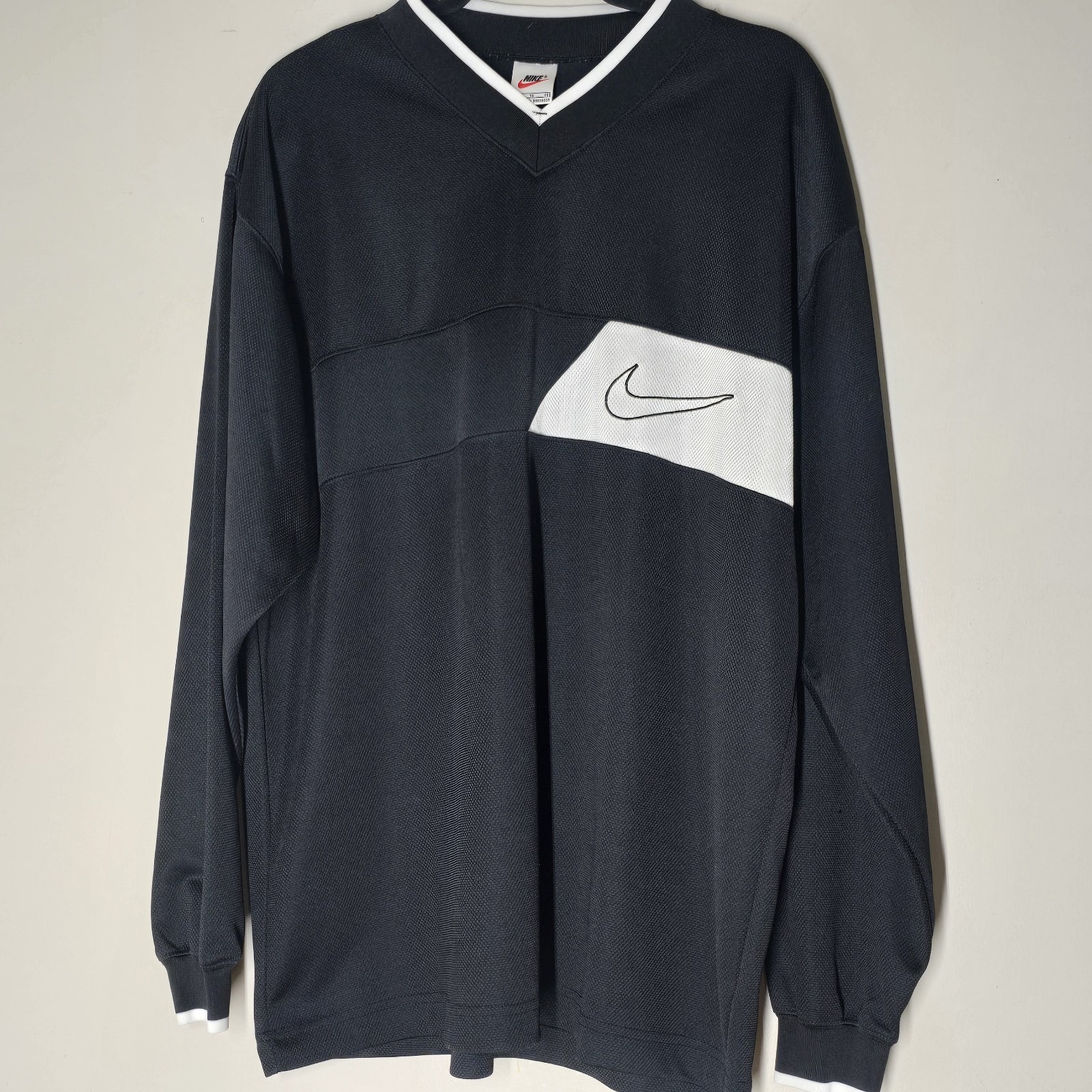 Vintage Nike Long Sleeve Soccer Jersey 90s Campos Big Swoosh Black and White