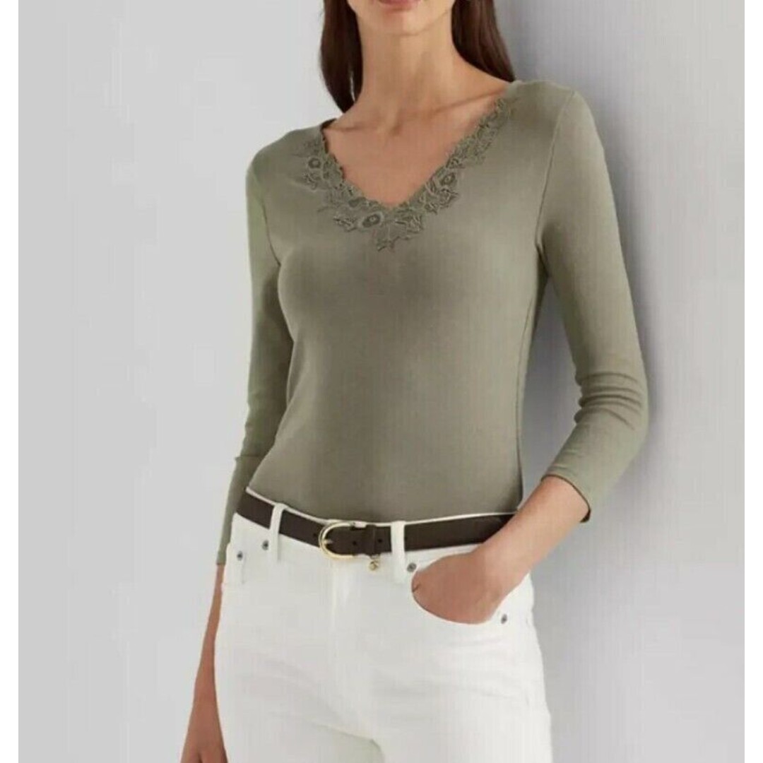 Lauren Ralph Lauren Women's Lace-Trim Stretch Cotton Muted Moss Top XL