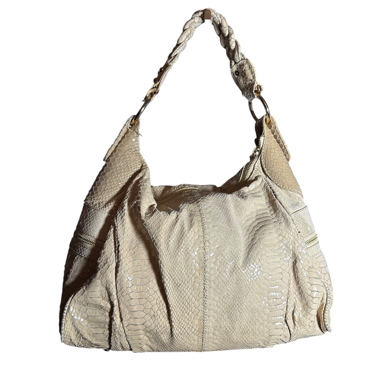 Vintage Tiffany and Fred snake skin leather shoulder bag cream beige color