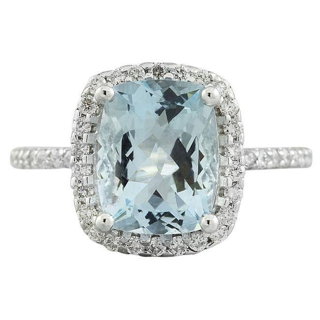4.45Ct Natural Cushion Aquamarine & Diamond Halo Solitaire Ring 14k White Gold